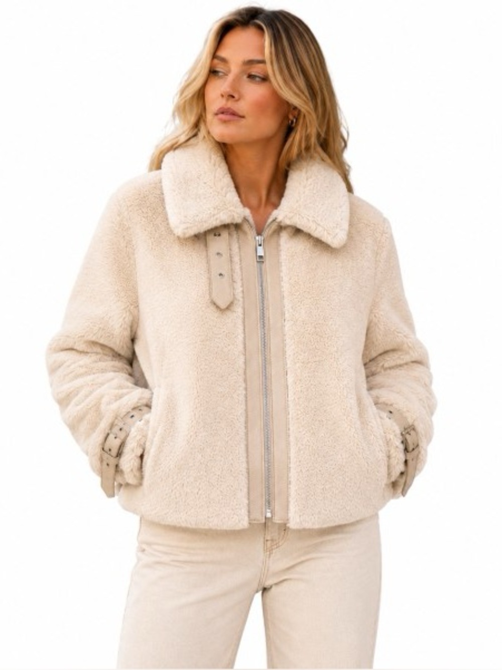 Badgley Mischka beige fur boho cuffed western zip puffer patchwork jacket coat